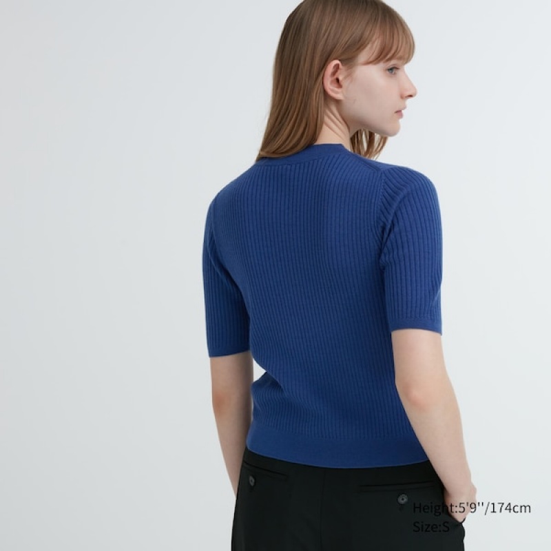 Uniqlo Extra Fine Merino Ribbet Mock Neck Half-Sleeve Gensere Dame Blå | 6824-APWZM