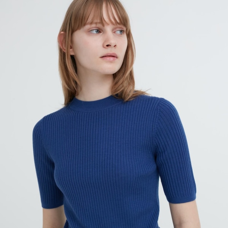 Uniqlo Extra Fine Merino Ribbet Mock Neck Half-Sleeve Gensere Dame Blå | 6824-APWZM