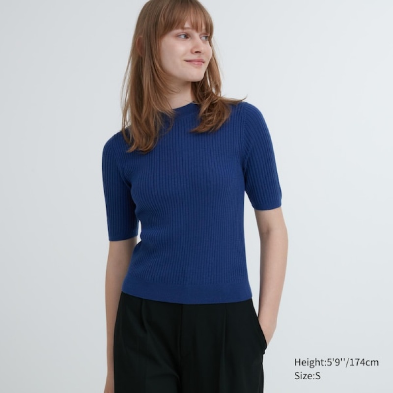 Uniqlo Extra Fine Merino Ribbet Mock Neck Half-Sleeve Gensere Dame Blå | 6824-APWZM