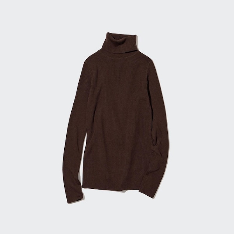 Uniqlo Extra Fine Merino Ribbet Turtleneck Long-Sleeve Gensere Dame Sjokolade | 4359-ZCQTJ