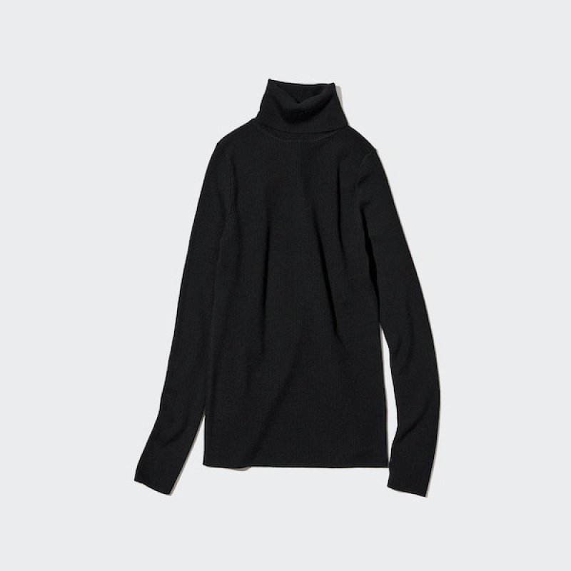 Uniqlo Extra Fine Merino Ribbet Turtleneck Long-Sleeve Gensere Dame Svarte | 8796-SDHFN