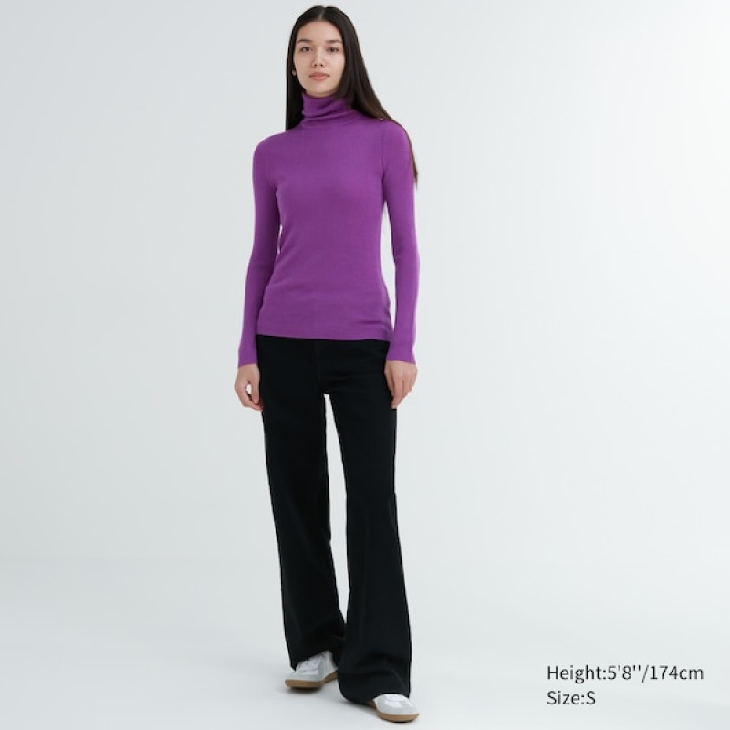 Uniqlo Extra Fine Merino Ribbet Turtleneck Long-Sleeve Gensere Dame Lilla | 6532-KYDLN