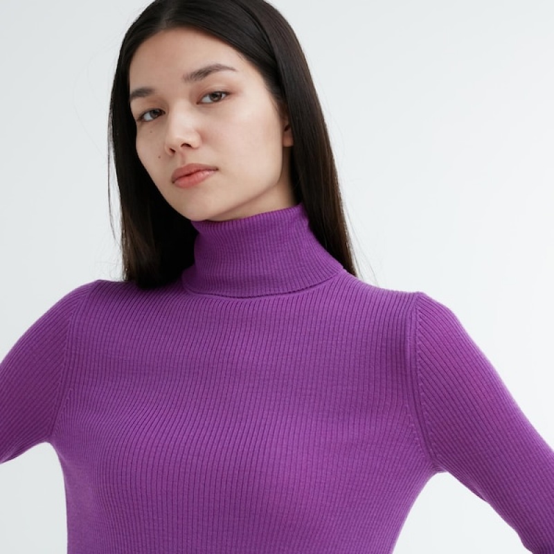 Uniqlo Extra Fine Merino Ribbet Turtleneck Long-Sleeve Gensere Dame Lilla | 6532-KYDLN