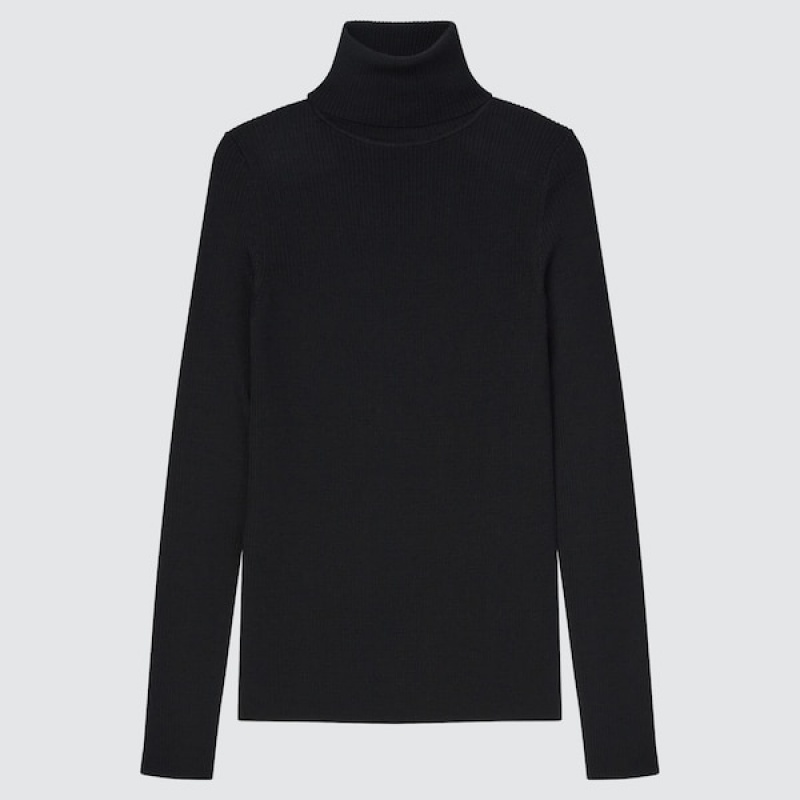 Uniqlo Extra Fine Merino Ribbet Turtleneck Long-Sleeve Gensere Dame Svarte | 0645-FPIAW