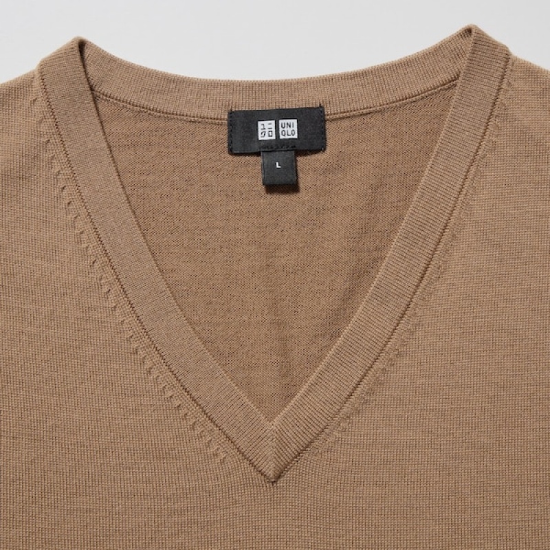 Uniqlo Extra Fine Merino V-Neck Gensere Herre Aprikos | 0421-RDVZC