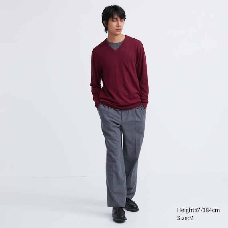 Uniqlo Extra Fine Merino V-Neck Gensere Herre Burgunder | 3608-YIHJV