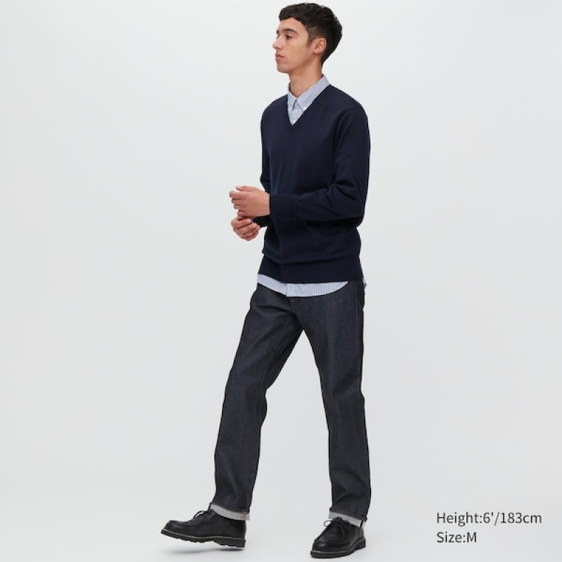 Uniqlo Extra Fine Merino V-Neck Gensere Herre Marineblå | 8045-QAZTX