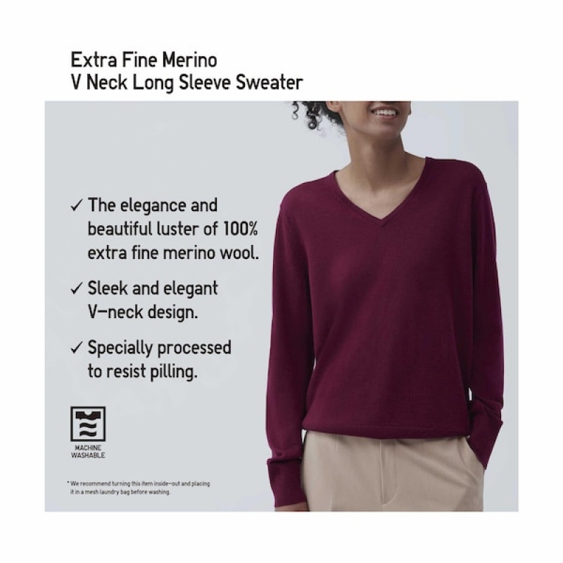 Uniqlo Extra Fine Merino V-Neck Long-Sleeve Gensere Dame Burgunder | 0521-VZYAK