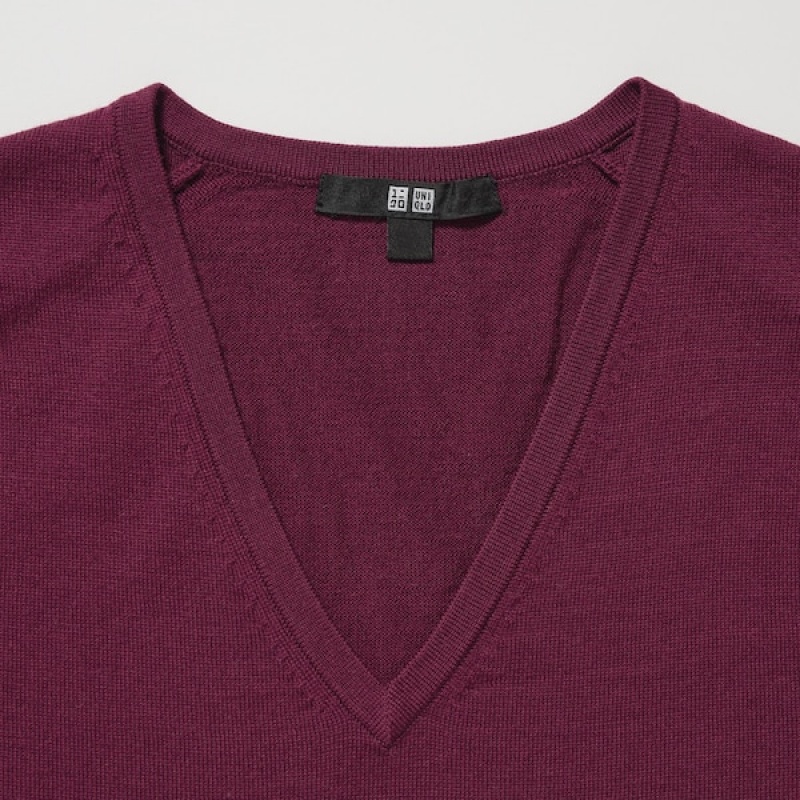 Uniqlo Extra Fine Merino V-Neck Long-Sleeve Gensere Dame Burgunder | 0521-VZYAK