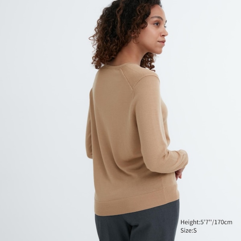 Uniqlo Extra Fine Merino V-Neck Long-Sleeve Gensere Dame Beige | 4762-DRHQE