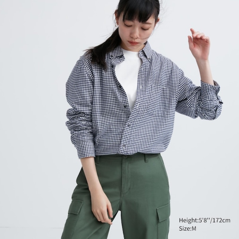 Uniqlo Flannel Checked Long-Sleeve Skjorte Dame Blå | 5927-WETOX