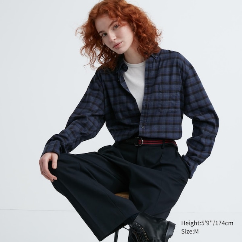 Uniqlo Flannel Checked Long-Sleeve Skjorte Dame Blå | 4052-RXUBS