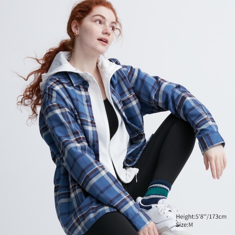 Uniqlo Flannel Checked Long-Sleeve Skjorte Dame Blå | 4792-VIJRU