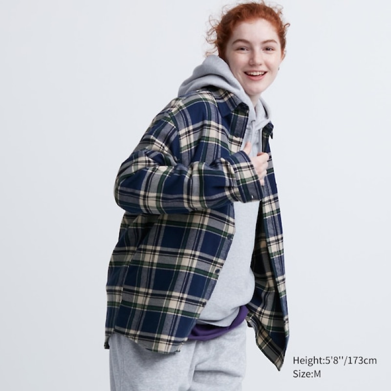 Uniqlo Flannel Checked Long-Sleeve Skjorte Dame Blå | 5149-TLNAR