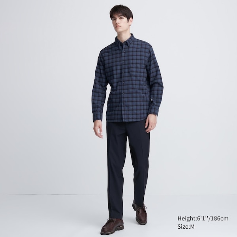 Uniqlo Flannel Checked Long-Sleeve Skjorte Herre Blå | 2968-AFRTL