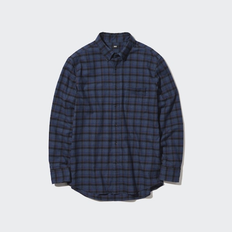 Uniqlo Flannel Checked Long-Sleeve Skjorte Herre Blå | 2968-AFRTL