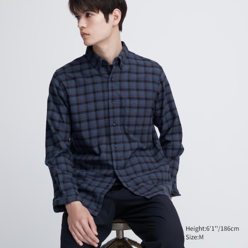 Uniqlo Flannel Checked Long-Sleeve Skjorte Herre Blå | 2968-AFRTL