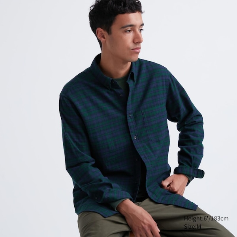 Uniqlo Flannel Checked Long-Sleeve Skjorte Herre Mørke Grønn | 6102-ZAVJS