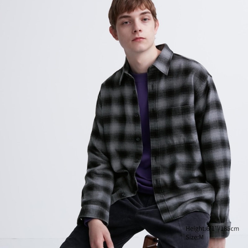 Uniqlo Flannel Checked Long-Sleeve Skjorte Herre Grå | 2197-UMACP