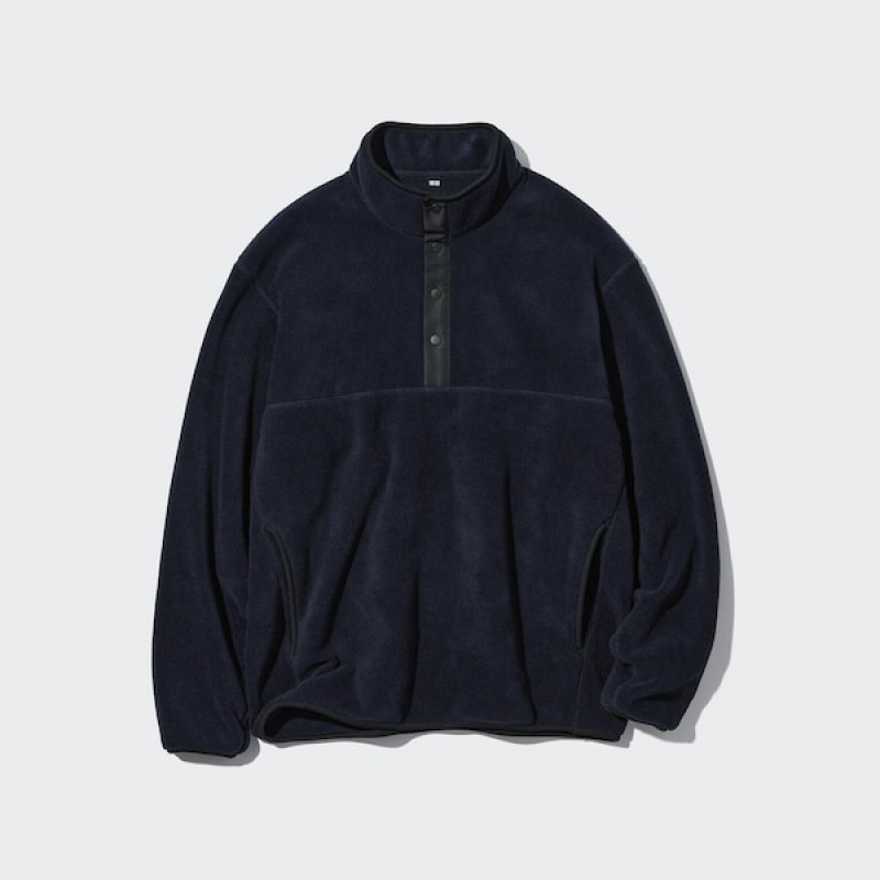 Uniqlo Fleece Button Up Long-Sleeve Pullover Herre Marineblå | 7130-GUOEZ