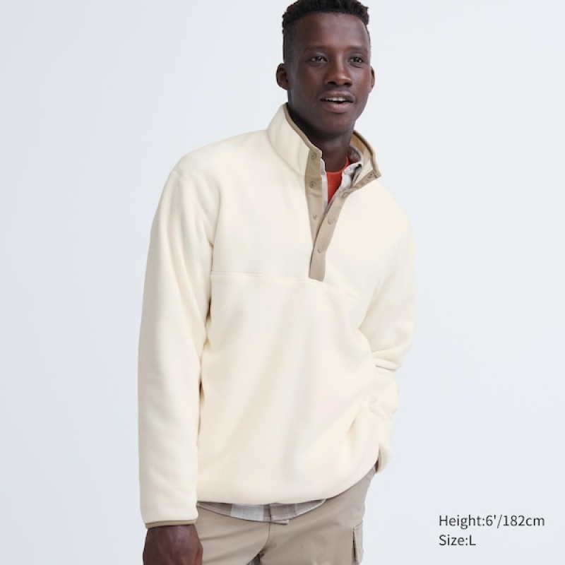 Uniqlo Fleece Button Up Long-Sleeve Pullover Herre Hvite | 0873-OHQUF