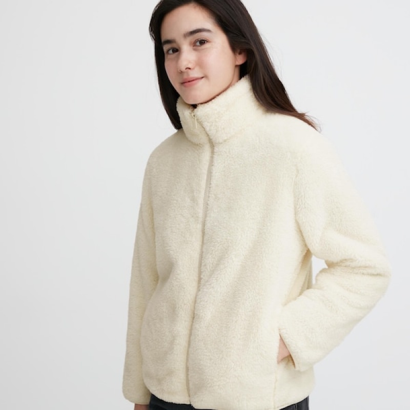 Uniqlo Fluffy Yarn Fleece Full-Zip jackets Dame Hvite | 5140-VXPBM