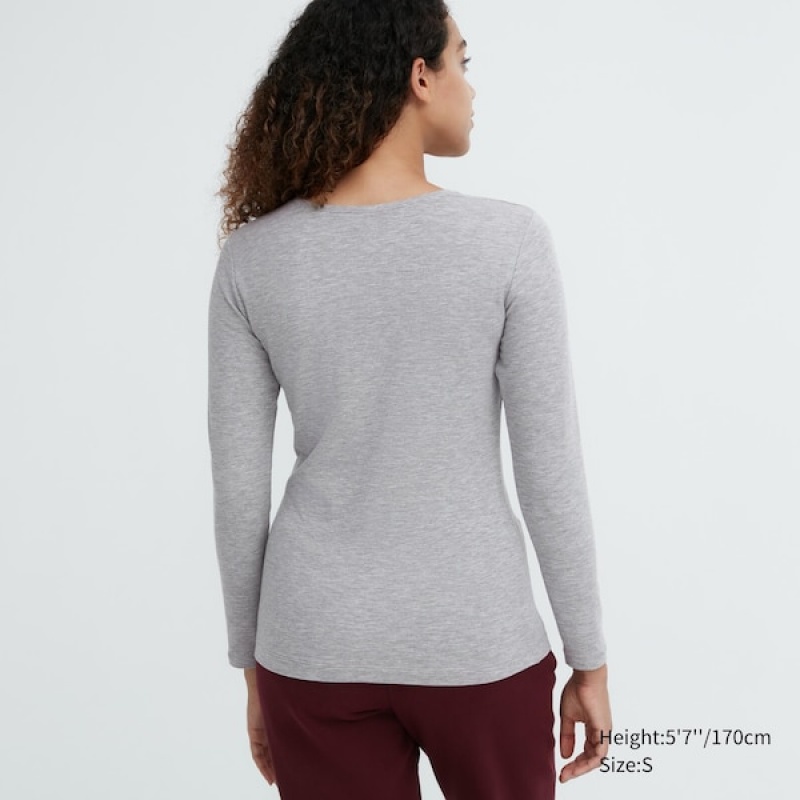 Uniqlo HEATTECH Bomull Crew Neck Long-Sleeve T-skjorte Dame Mørke Grå | 3724-ZMQNS