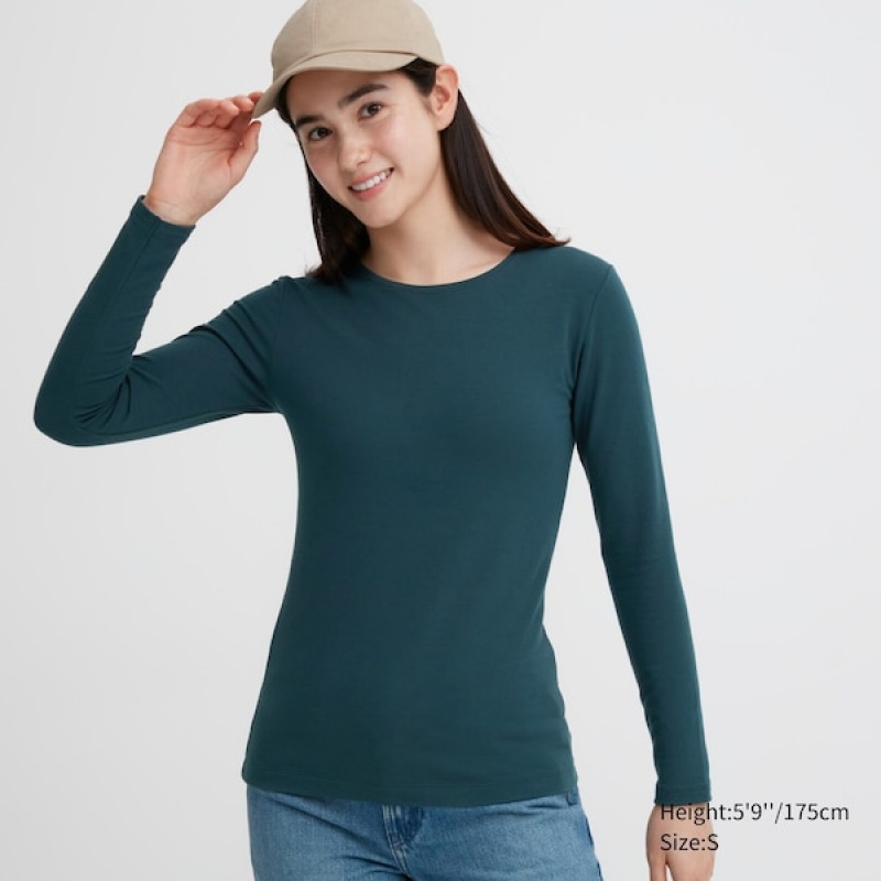 Uniqlo HEATTECH Bomull Crew Neck Long-Sleeve T-skjorte Dame Mørke Grønn | 7125-JYEAV