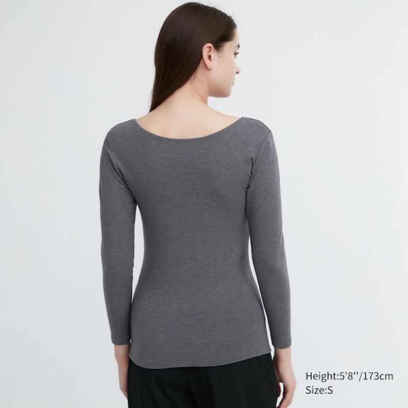 Uniqlo HEATTECH Bomull Scoop Neck Long-Sleeve T-skjorte Dame Mørke Grå | 0792-XGZRN