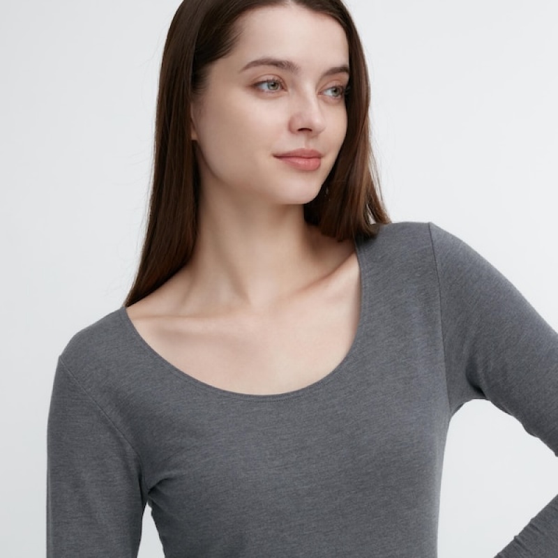 Uniqlo HEATTECH Bomull Scoop Neck Long-Sleeve T-skjorte Dame Mørke Grå | 0792-XGZRN