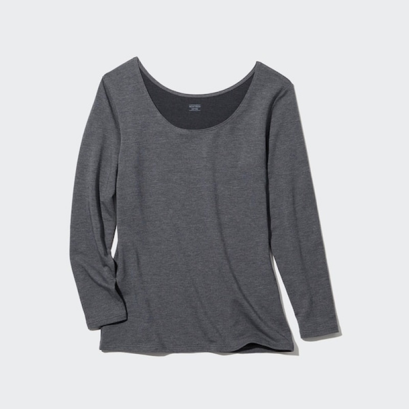 Uniqlo HEATTECH Bomull Scoop Neck Long-Sleeve T-skjorte Dame Mørke Grå | 0792-XGZRN