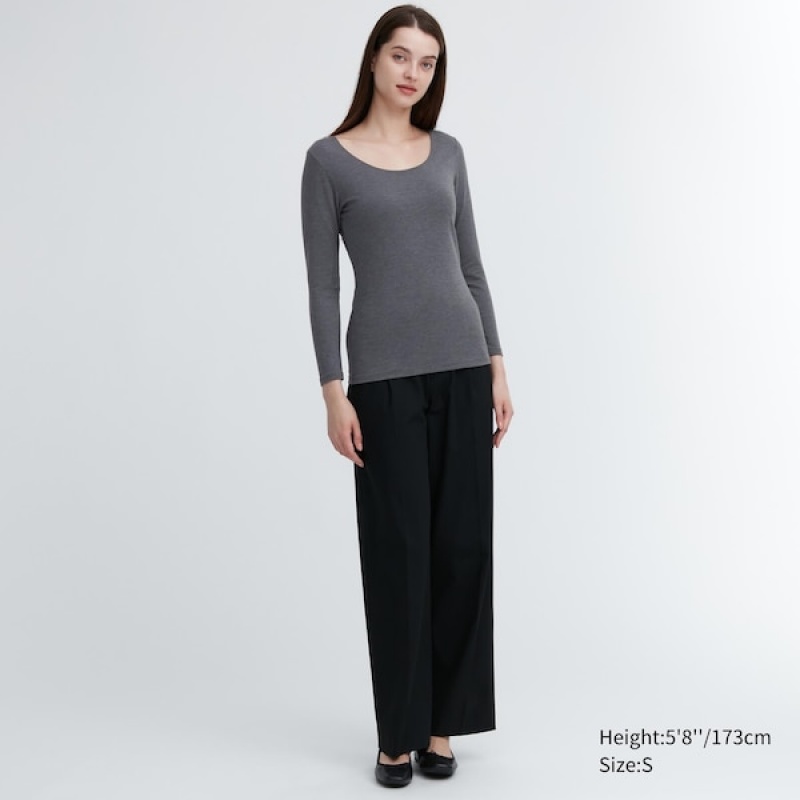 Uniqlo HEATTECH Bomull Scoop Neck Long-Sleeve T-skjorte Dame Mørke Grå | 0792-XGZRN