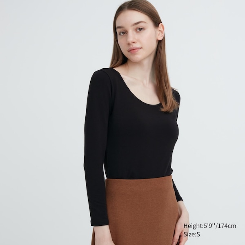 Uniqlo HEATTECH Bomull Scoop Neck Long-Sleeve T-skjorte Dame Svarte | 0892-ZNGQK