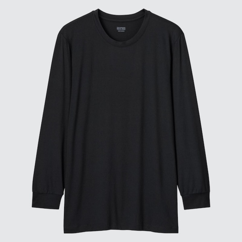 Uniqlo HEATTECH Crew Neck Long-Sleeve T-skjorte Herre Svarte | 3509-QIMLJ