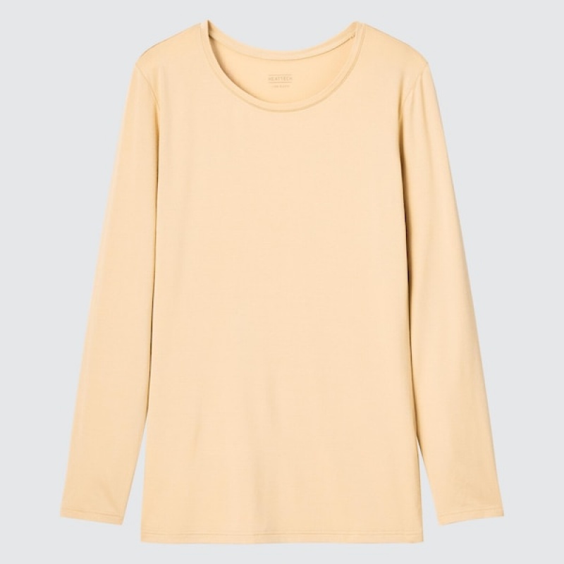 Uniqlo HEATTECH Crew Neck Long-Sleeve T-skjorte Dame Beige | 2703-XCMZH