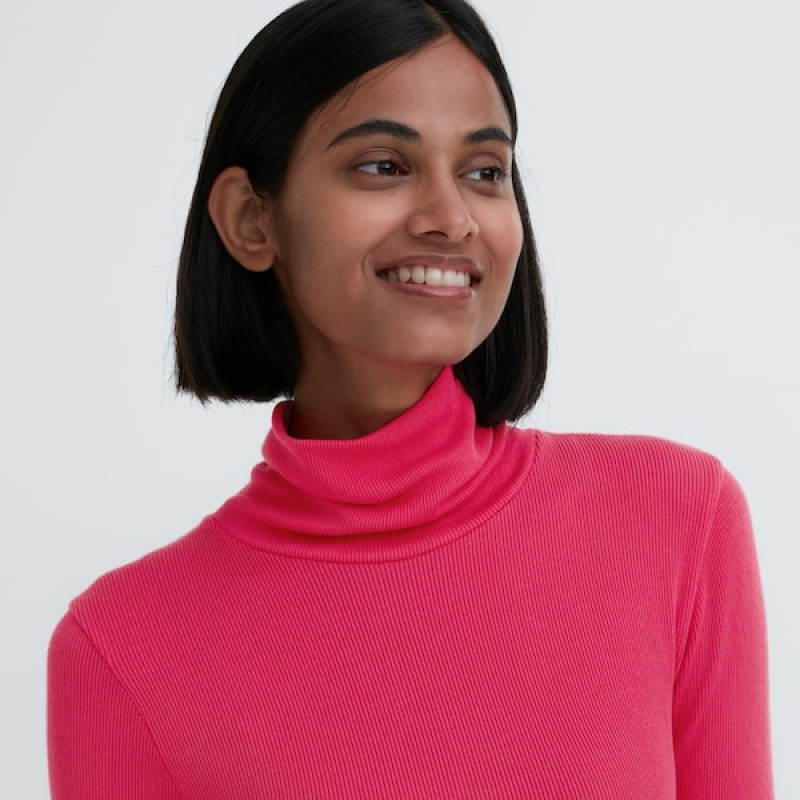 Uniqlo HEATTECH Extra Warm Seamless Ribbet Turtleneck Long-Sleeve T-skjorte Dame Fuchsia | 8762-ZXSEY