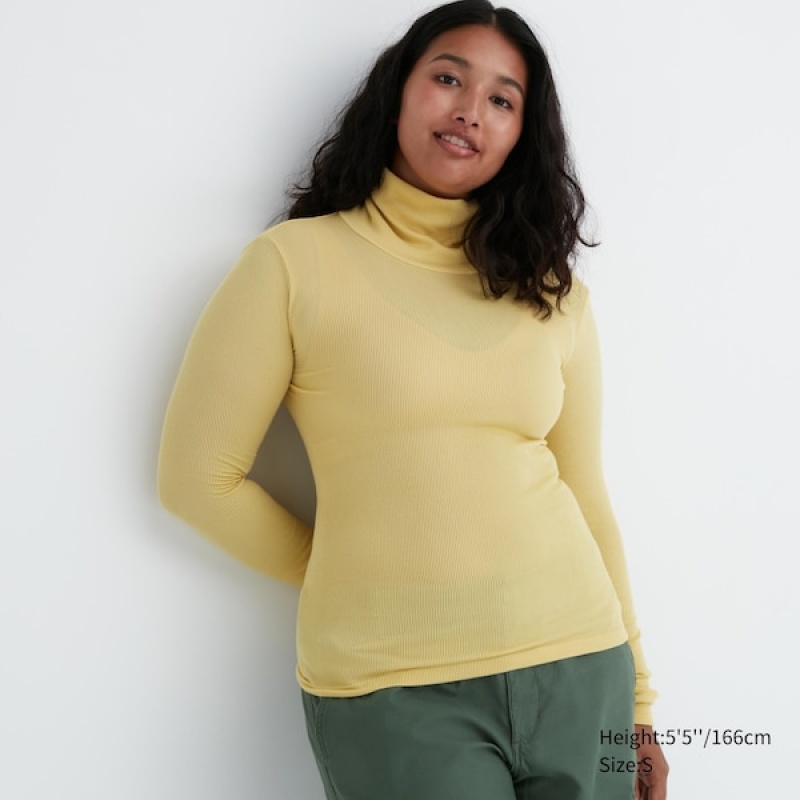 Uniqlo HEATTECH Extra Warm Seamless Ribbet Turtleneck Long-Sleeve T-skjorte Dame Gul | 9604-TMBZF