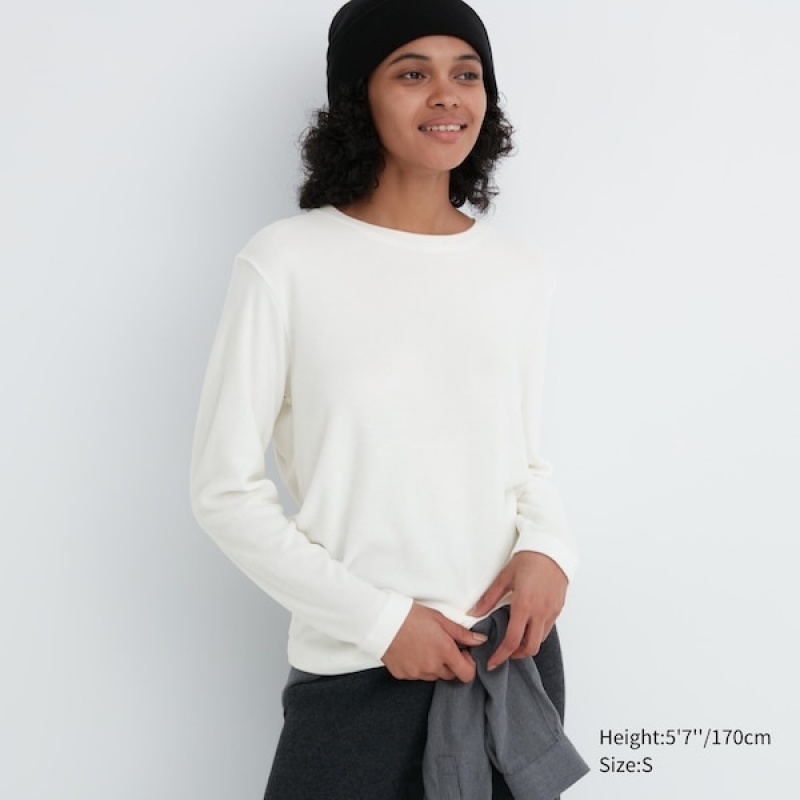 Uniqlo HEATTECH Fleece Crew Neck Long-Sleeve T-skjorte Dame Hvite | 3608-DSBNO