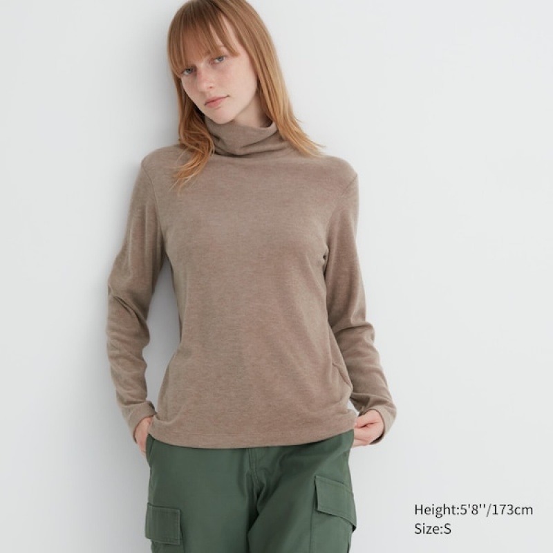 Uniqlo HEATTECH Fleece Turtleneck Long-Sleeve T-skjorte Dame Beige | 5863-FVDWL