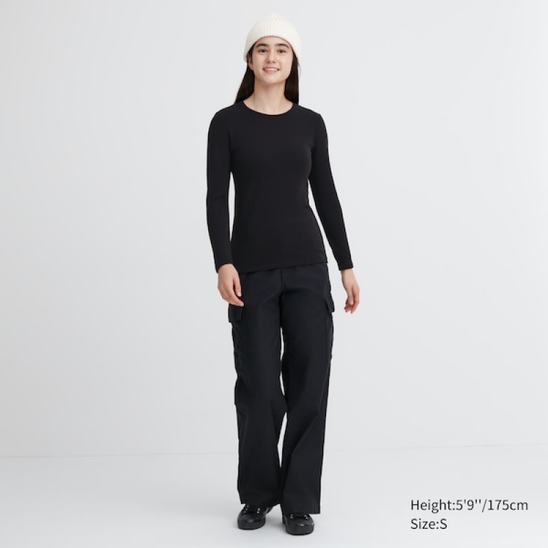 Uniqlo HEATTECH Ultra Warm Crew Neck Long-Sleeve T-skjorte Dame Svarte | 9638-QOUXF