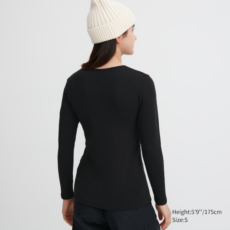 Uniqlo HEATTECH Ultra Warm Crew Neck Long-Sleeve T-skjorte Dame Svarte | 9638-QOUXF