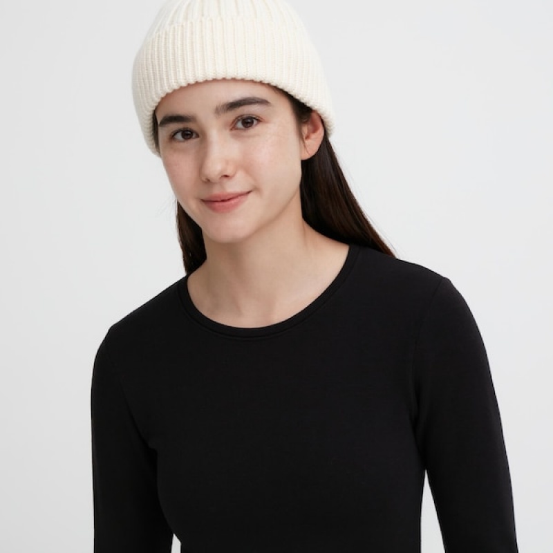 Uniqlo HEATTECH Ultra Warm Crew Neck Long-Sleeve T-skjorte Dame Svarte | 9638-QOUXF