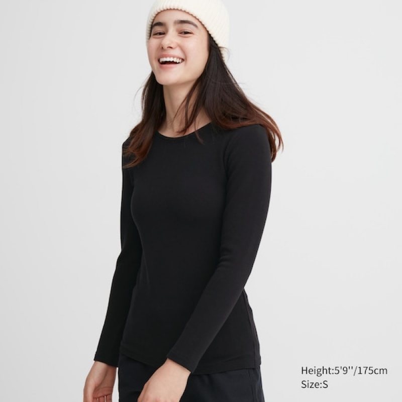 Uniqlo HEATTECH Ultra Warm Crew Neck Long-Sleeve T-skjorte Dame Svarte | 9638-QOUXF