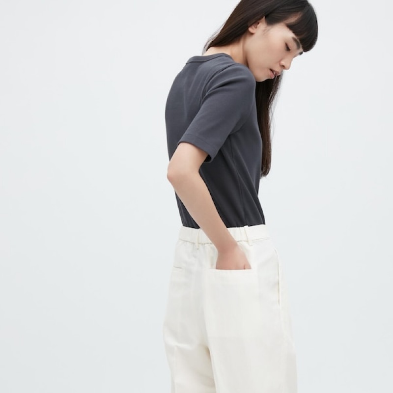 Uniqlo Linen Blend Tucked Brede Bukse Dame Hvite | 8935-ICKZE