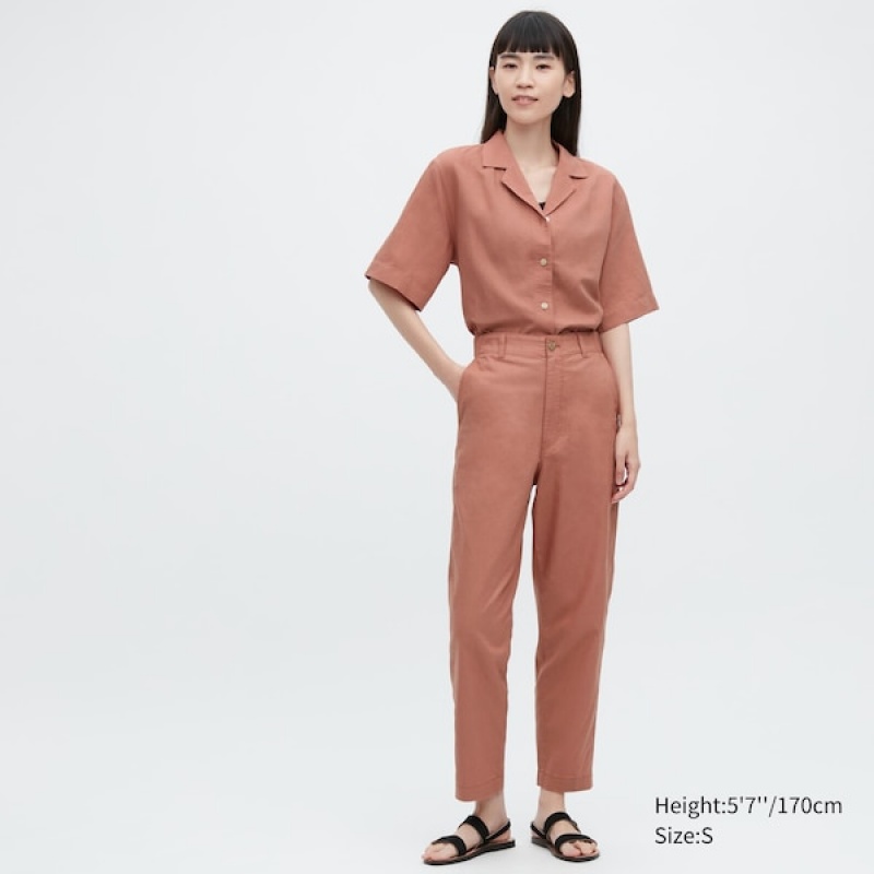 Uniqlo Linen Bomull Tapered Bukse Dame Brune | 1627-YXWPF