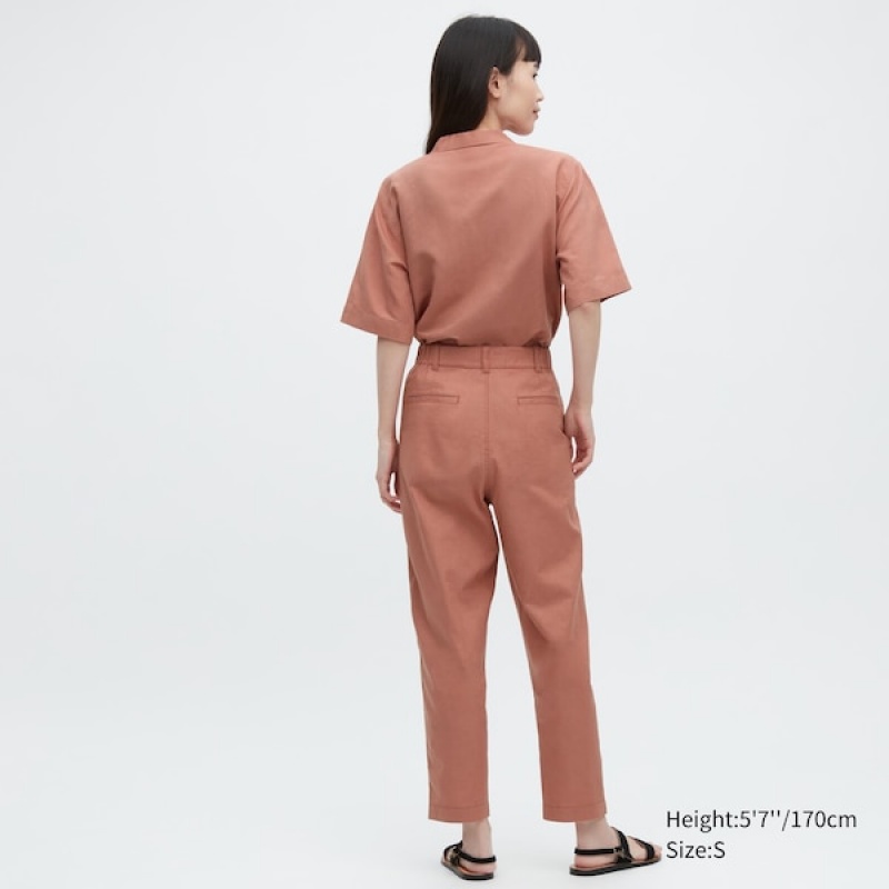 Uniqlo Linen Bomull Tapered Bukse Dame Brune | 1627-YXWPF