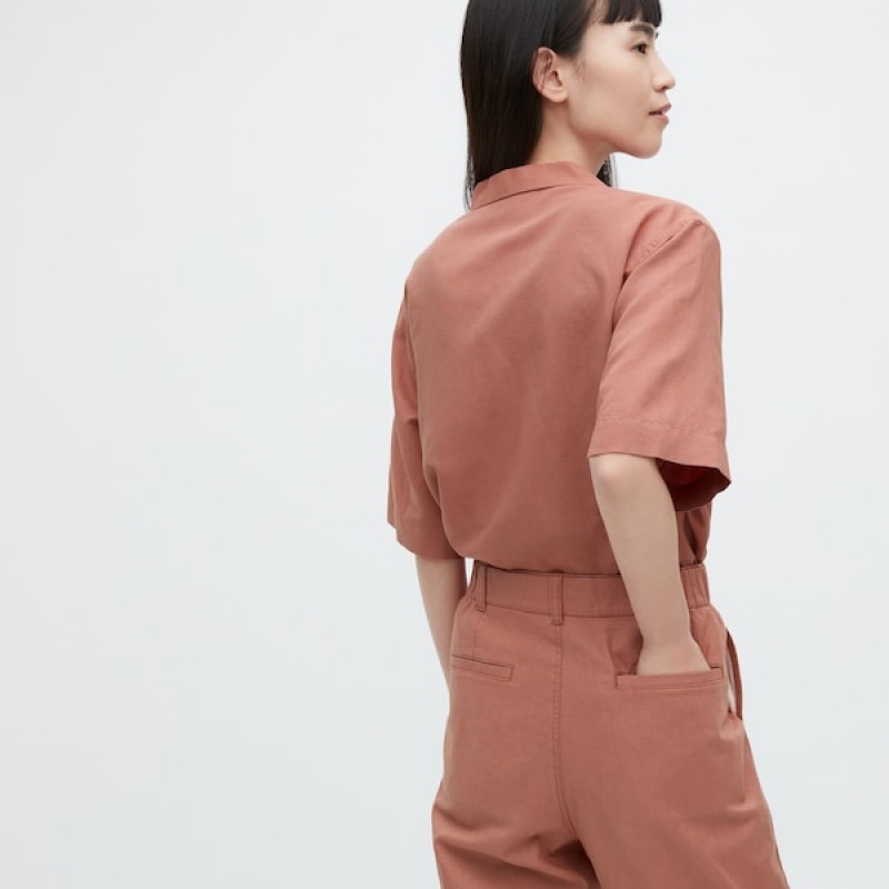 Uniqlo Linen Bomull Tapered Bukse Dame Brune | 1627-YXWPF