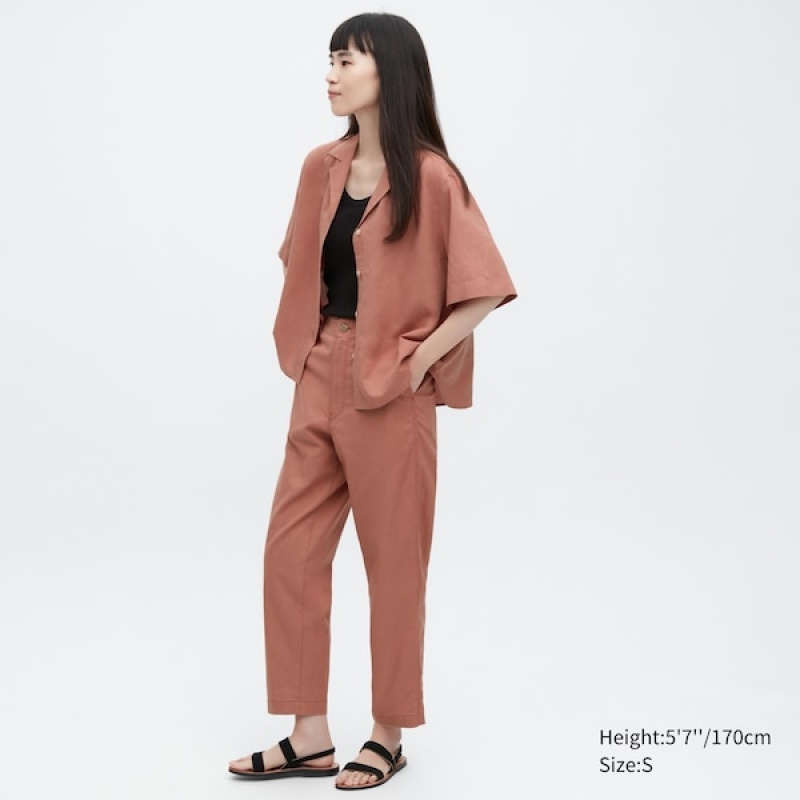 Uniqlo Linen Bomull Tapered Bukse Dame Brune | 1627-YXWPF