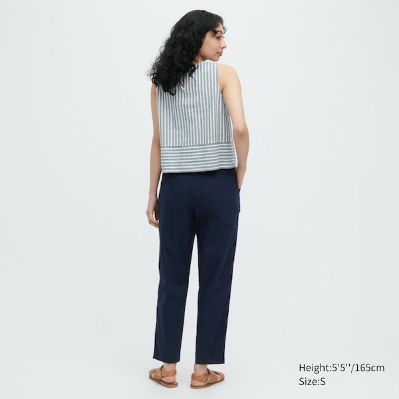 Uniqlo Linen Bomull Tapered Bukse Dame Marineblå | 9352-QAPXB