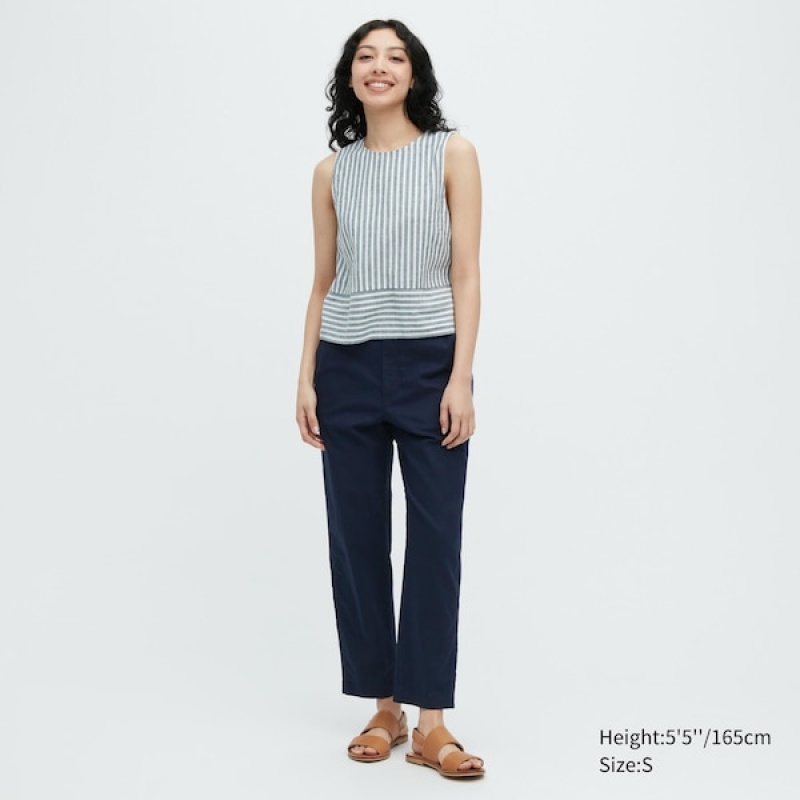 Uniqlo Linen Bomull Tapered Bukse Dame Marineblå | 9352-QAPXB